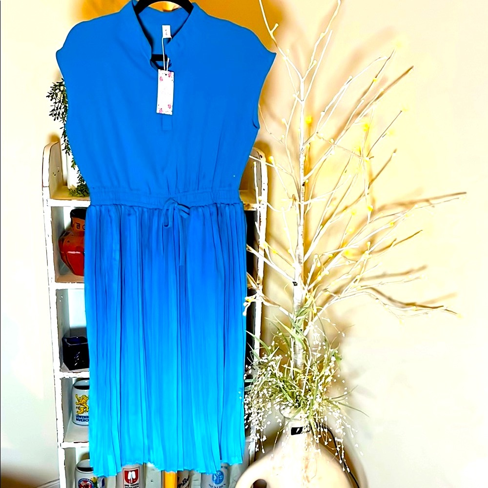 NWT Liwisi XL Blue Ombre Cap Sleeve Dress, elastic waist.Beautiful pleating.